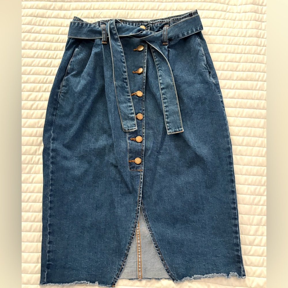 Denim Button-Front Tie Waist Midi Pencil Skirt size 29